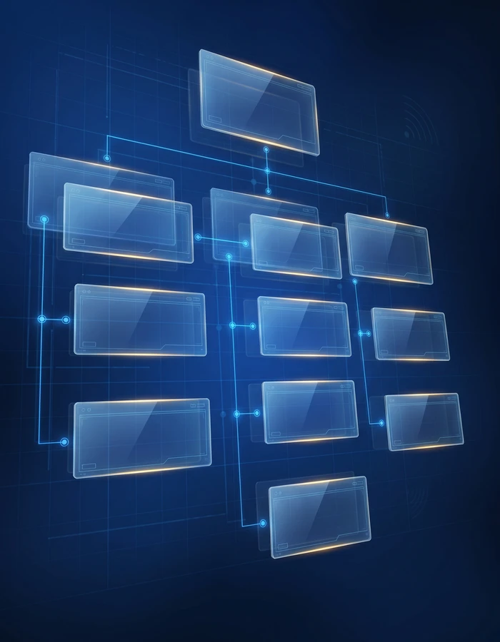 Abstract glassmorphism graphic showing scattered blue data signals converging into a precise target, representing clarity, positioning, and focused strategy for Nimbus Media.