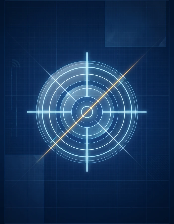 Abstract glassmorphism graphic showing scattered blue data signals converging into a precise target, representing clarity, positioning, and focused strategy for Nimbus Media.