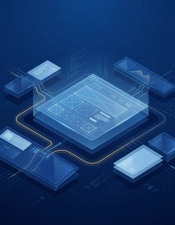 Abstract glassmorphism graphic showing scattered blue data signals converging into a precise target, representing clarity, positioning, and focused strategy for Nimbus Media.