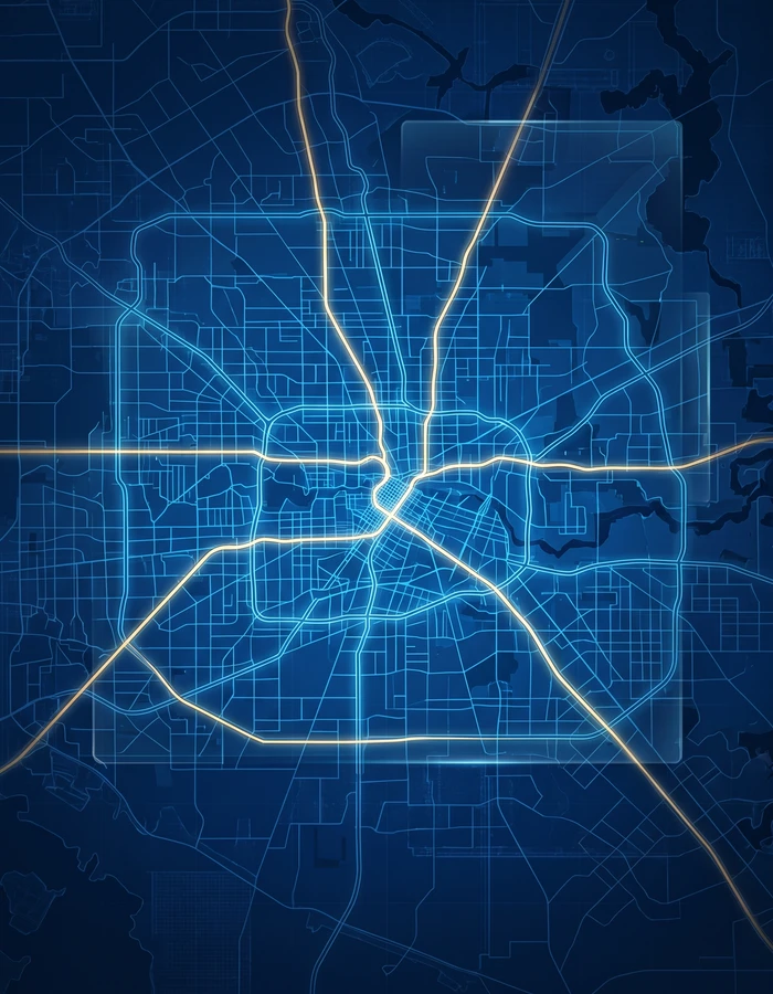 Abstract glassmorphism graphic showing scattered blue data signals converging into a precise target, representing clarity, positioning, and focused strategy for Nimbus Media.
