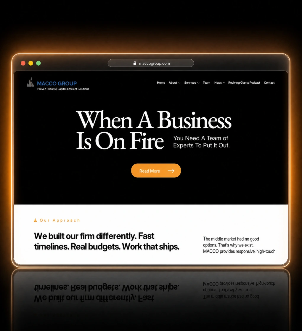 Macco Group restructuring firm website in a glassmorphic browser card with amber glow on black