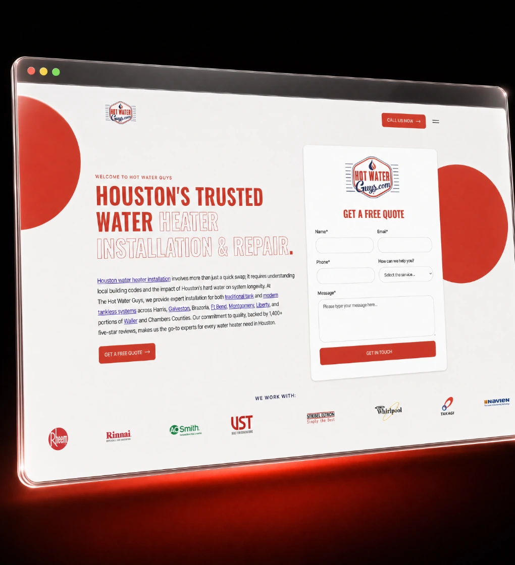 Hot Water Guys water heater company website in a tilted glassmorphic browser card with red glow on black