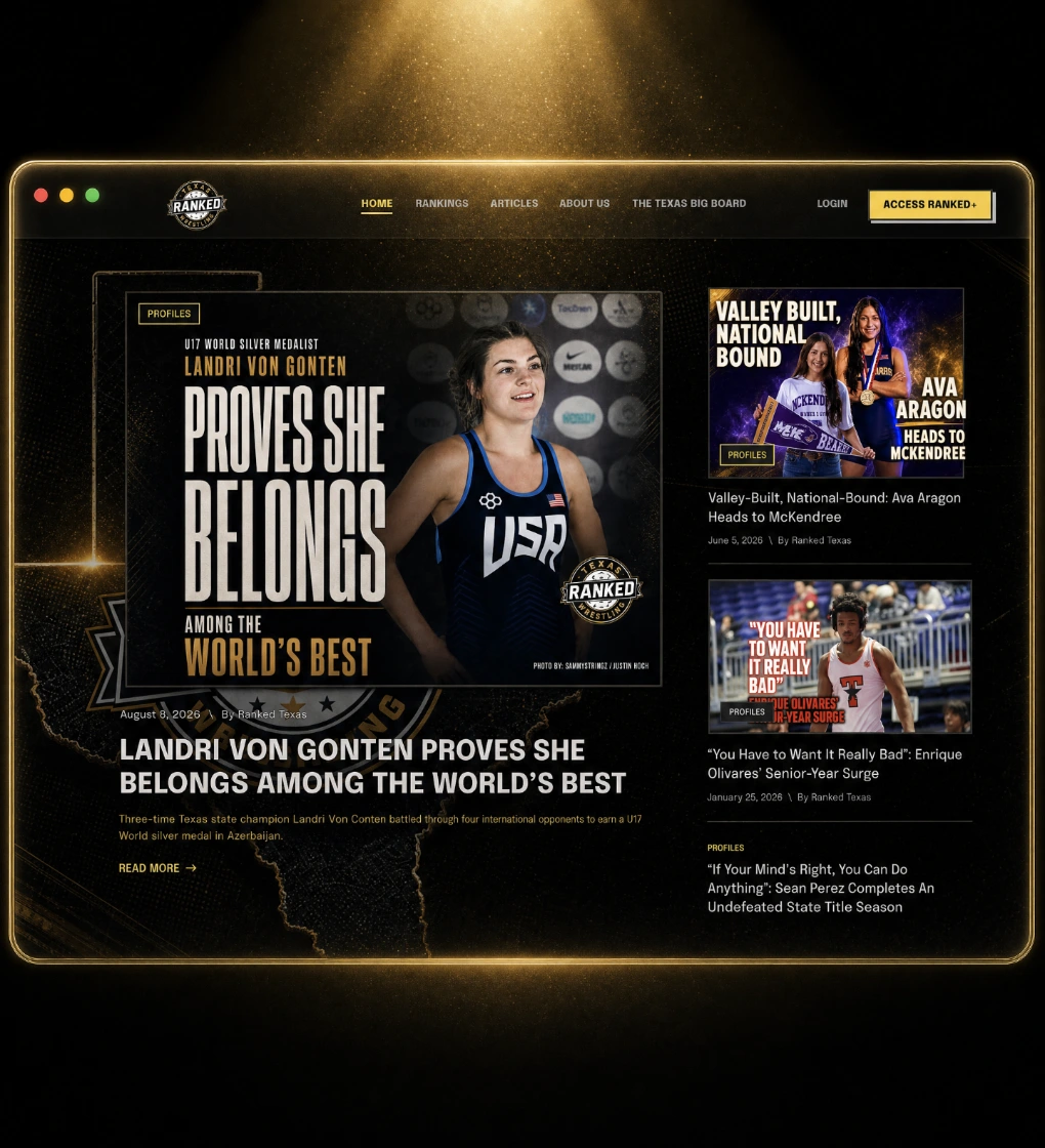 Ranked Texas wrestling website in a glassmorphic browser card under a gold spotlight on black