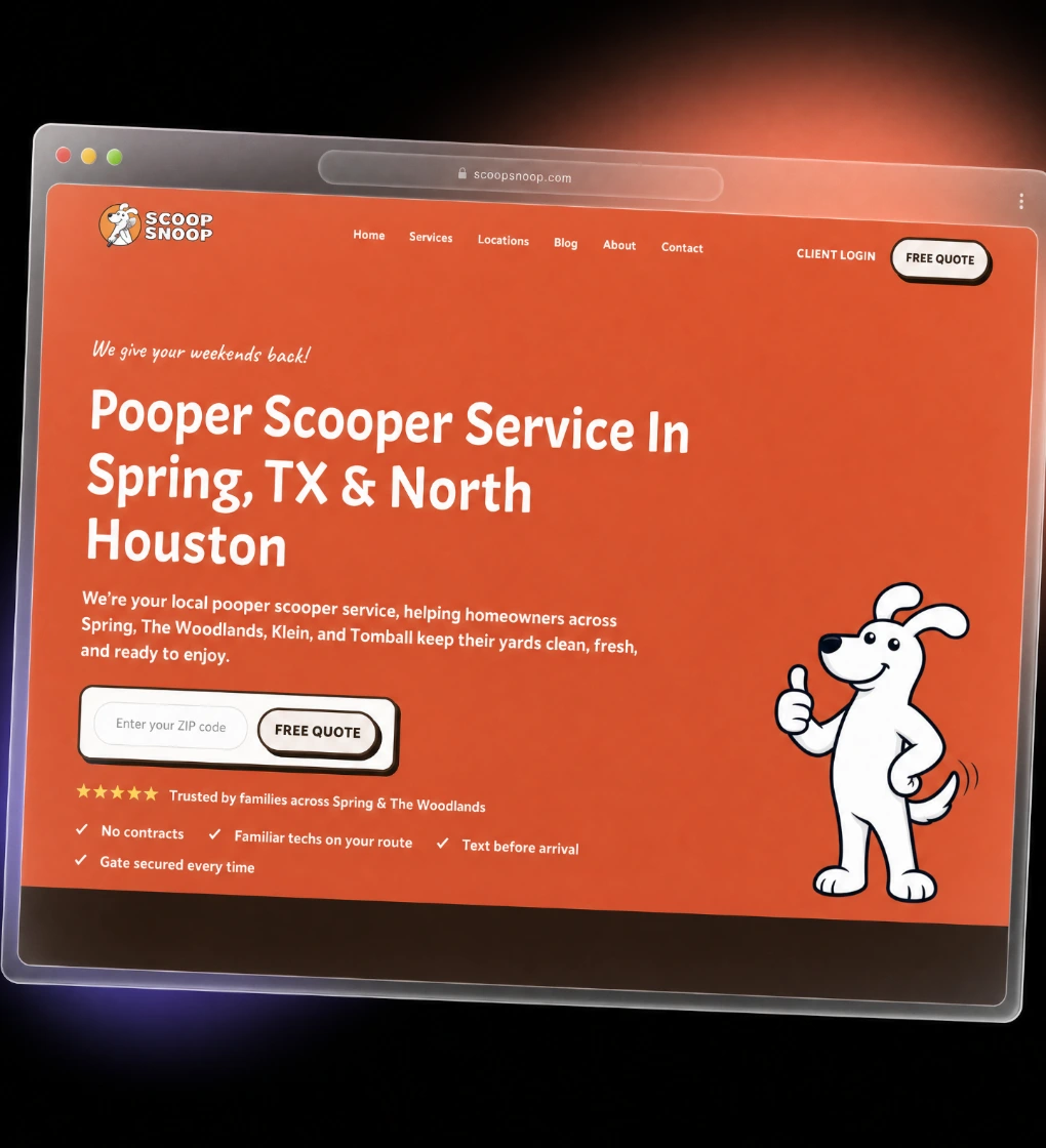Scoop Snoop pooper scooper website in a floating glassmorphic browser card with coral glow on black