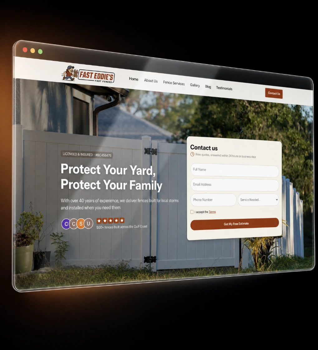 Fast Eddie's fence company website in an angled glassmorphic browser card with copper glow on black