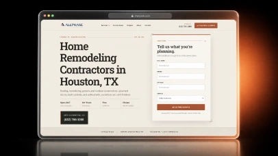 All Phase home remodeling website hero in a glassmorphic browser card with terracotta glow on black