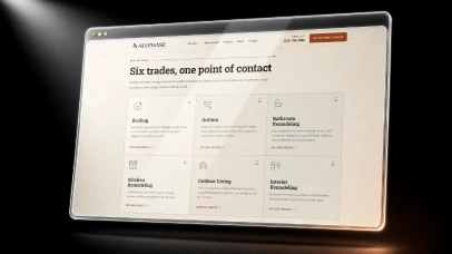 All Phase six trades services section in a tilted glassmorphic browser card with white spotlight on black