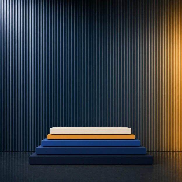 Stacked navy and gold platforms rising in even steps against a fluted glass wall