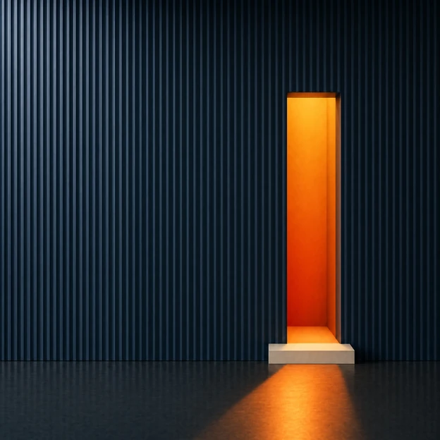 A glowing orange doorway cut into a fluted navy wall, light spilling across the floor