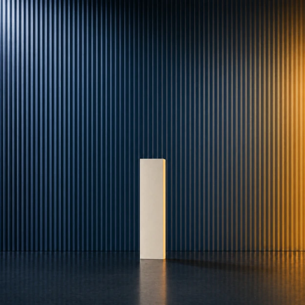 A single cream monolith standing alone in front of a fluted navy glass wall