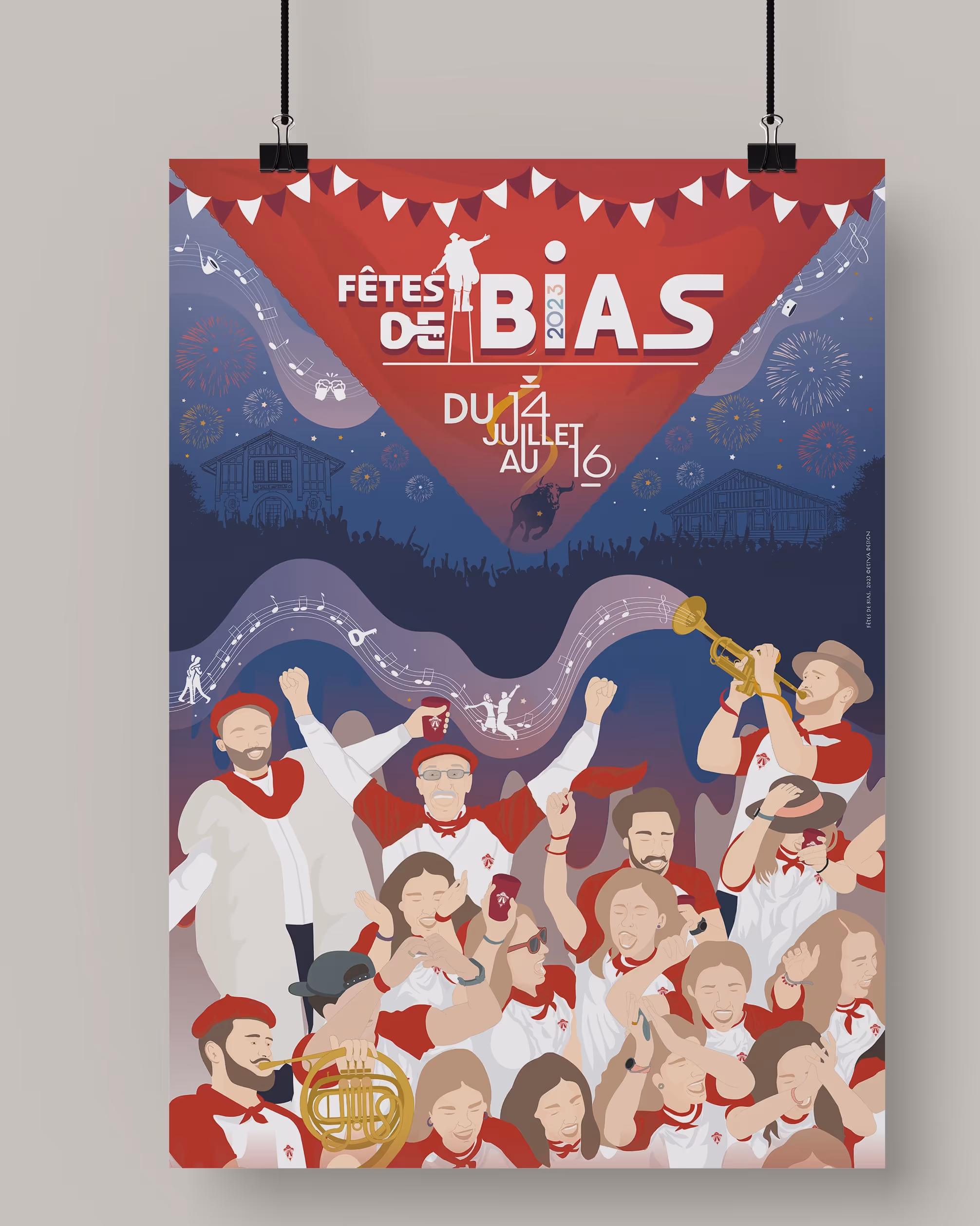 Affiche colorée des Fêtes de Bias 2023 avec un groupe de personnes en tenue blanche et rouge célébrant, une fanfare jouant des instruments, des maisons basques en arrière-plan et des feux d'artifice dans le ciel nocturne.