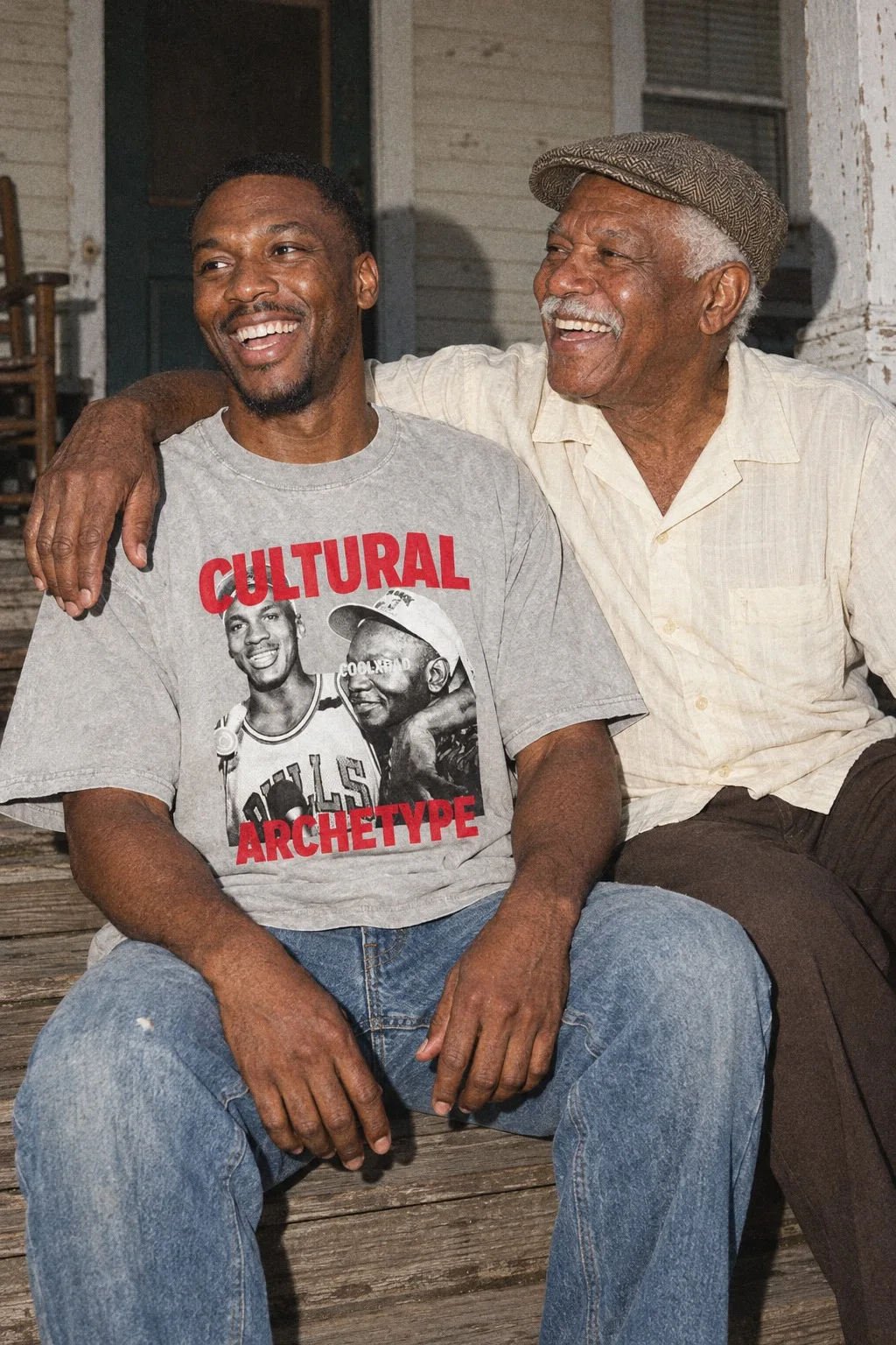 Concept image: father and adult son laughing on a porch