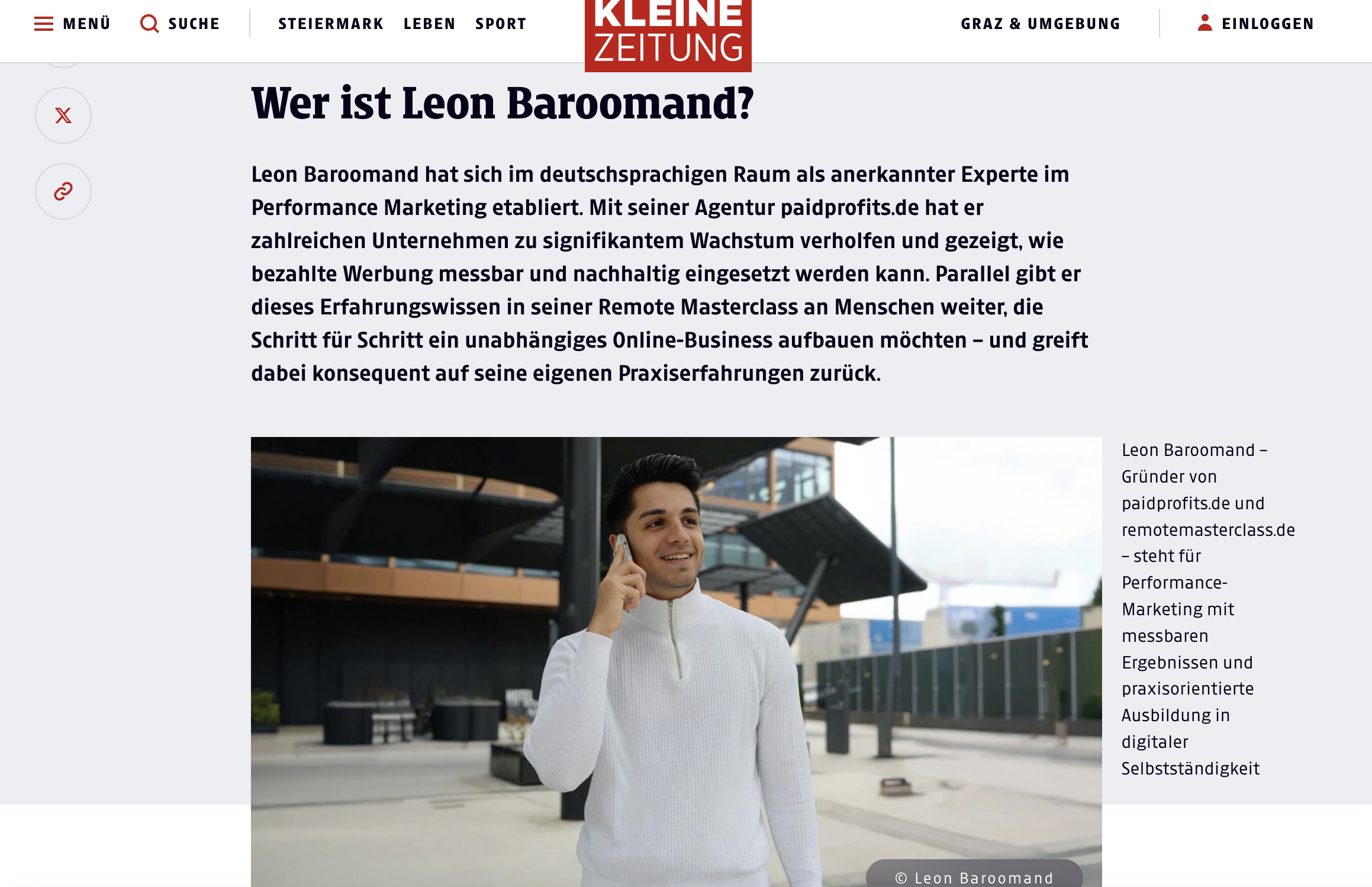 Presseartikel: Wer ist Leon Baroomand?, Kleine Zeitung