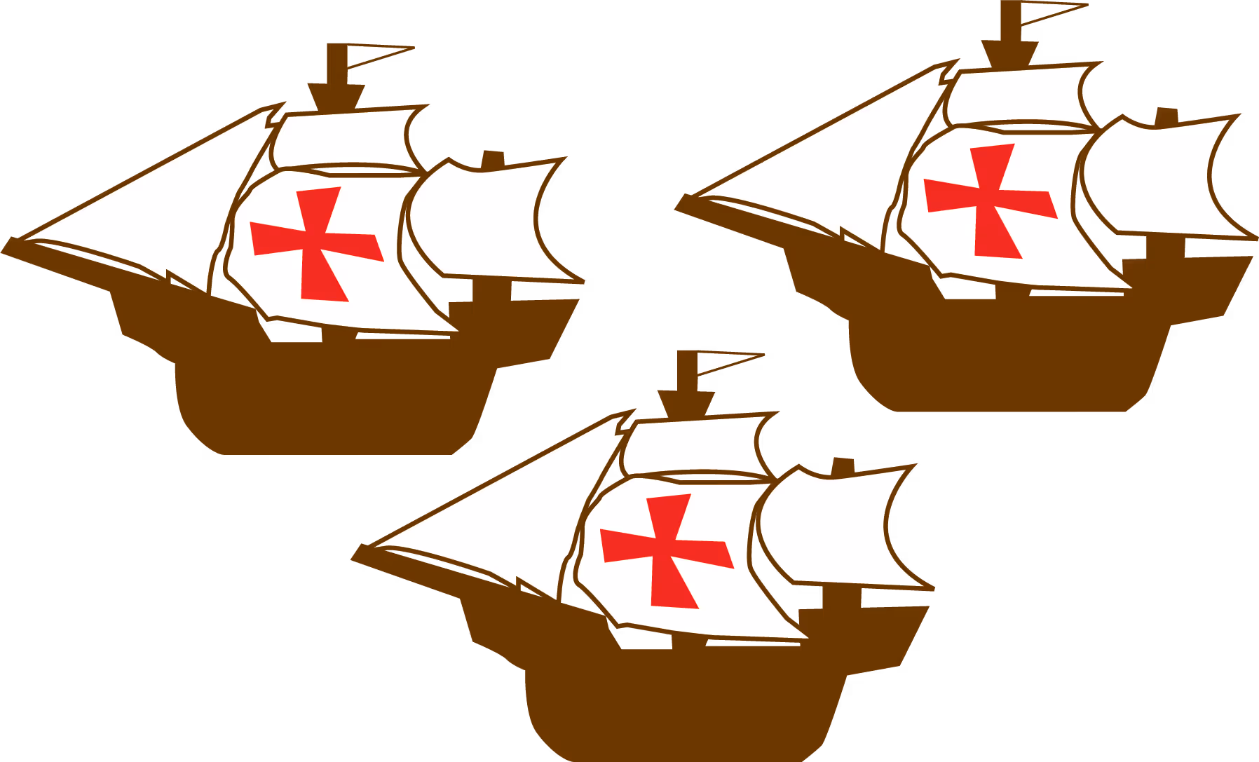Illustration of three brown sailing ships with white sails featuring a red cross on the main sail.
