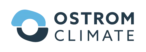 Ostrom Climate logo with blue and dark blue circular design and text.