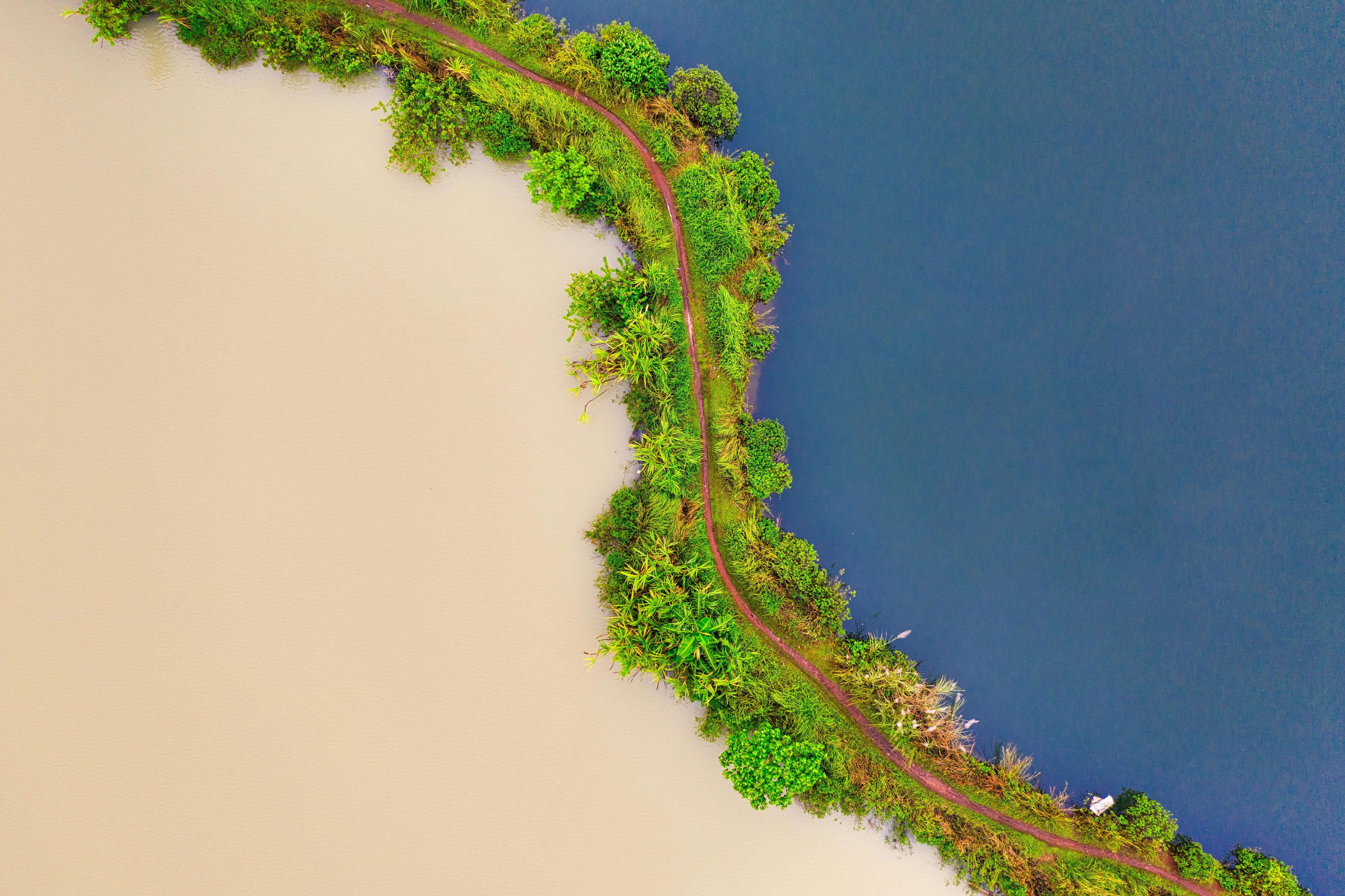 Aerial view of a narrow green strip with a dirt path dividing a body of dark blue water on the right and beige-colored water on the left.