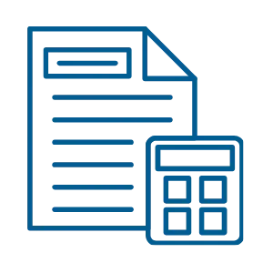 Blue icon of a document with lines and a calculator in front of it.