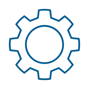 Blue outlined gear icon representing settings.