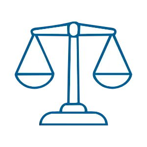 Blue and white balanced scales icon symbolizing justice.
