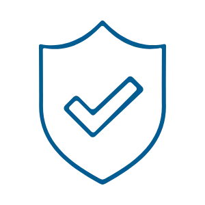 Blue outline of a shield with a checkmark inside, symbolizing security or protection.