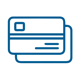 Icon of two overlapping credit cards in blue outline.