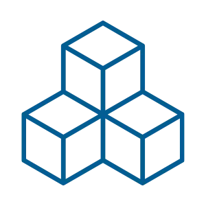 Icon of three interconnected blue outlined 3D cubes stacked in a triangular formation.