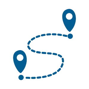 Winding dashed path connecting two map location markers.