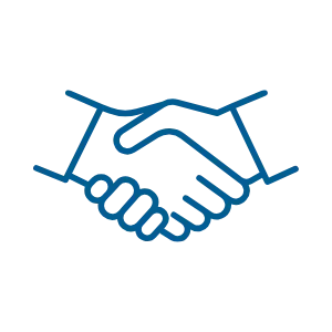 Blue line icon of two hands shaking in a handshake gesture.