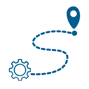 Icon of a gear connected by a dashed path to a location marker, symbolizing a process or journey to a destination.