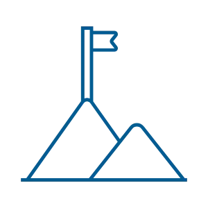 Line drawing of two mountains with a flag planted on the taller peak.