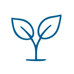 Blue outline icon of a seedling with two leaves on a white background.