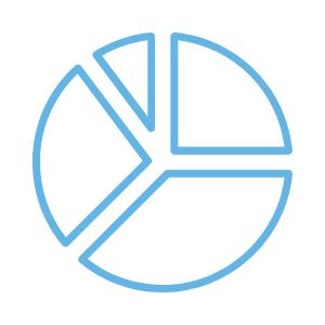 Blue line icon of a pie chart divided into five unequal segments.