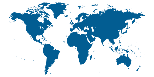 A blue-colored world map showing continents including North America, South America, Europe, Africa, Asia, and Australia on a black background.