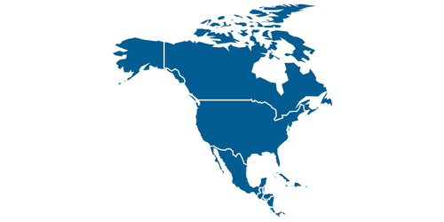 Simplified blue map of North America with borders outlining Canada, the United States, and Mexico.