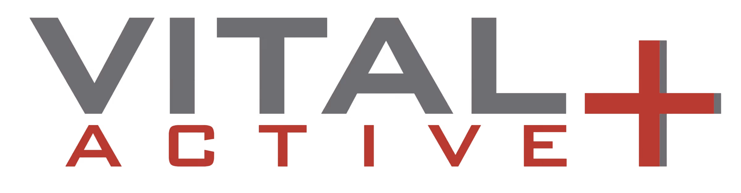 Logo with the word Vital in gray and Active in red with a red plus sign at the end.