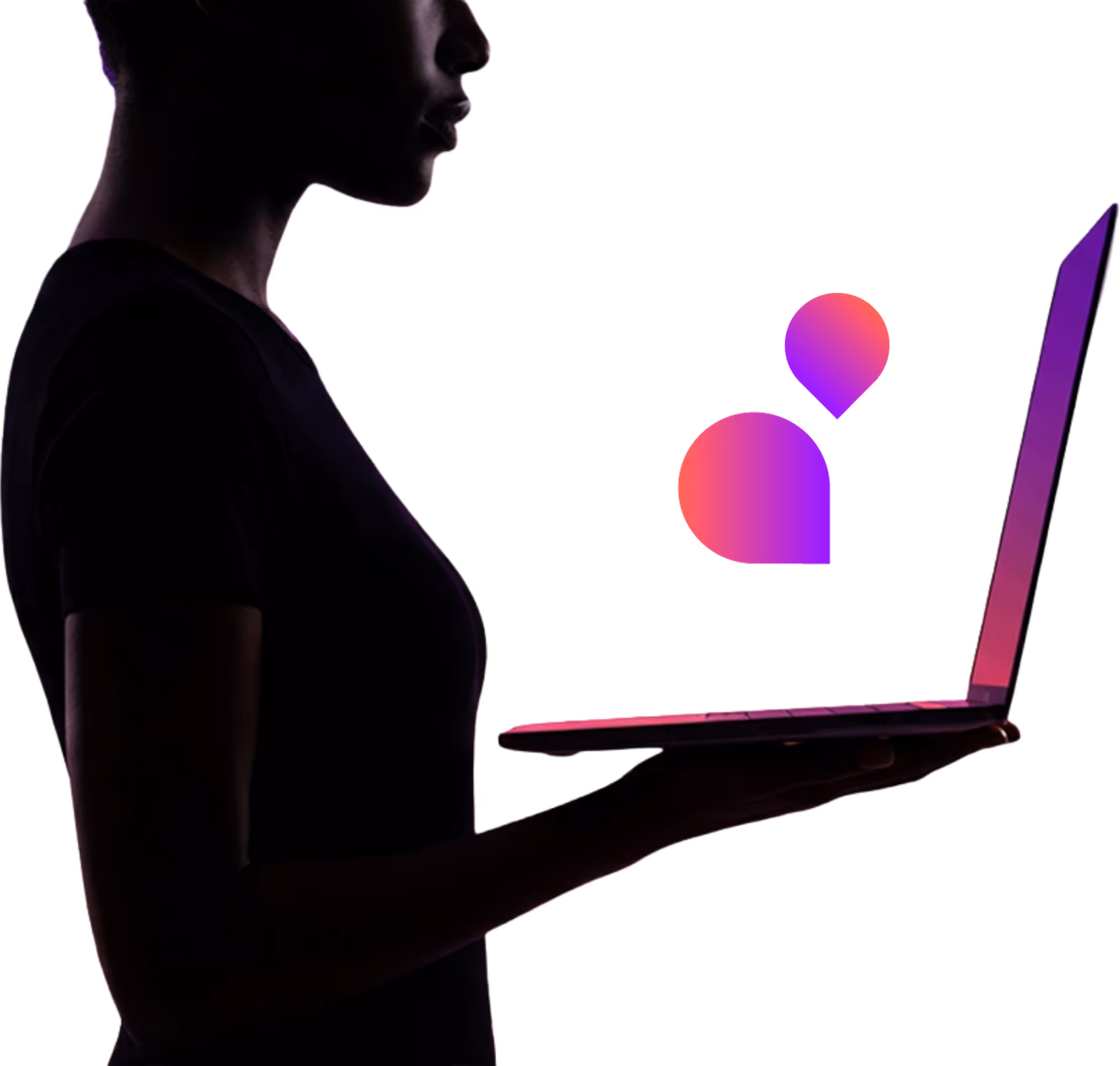 Silhouette of a person holding an open laptop with a purple and pink abstract icon on the screen against a black background.