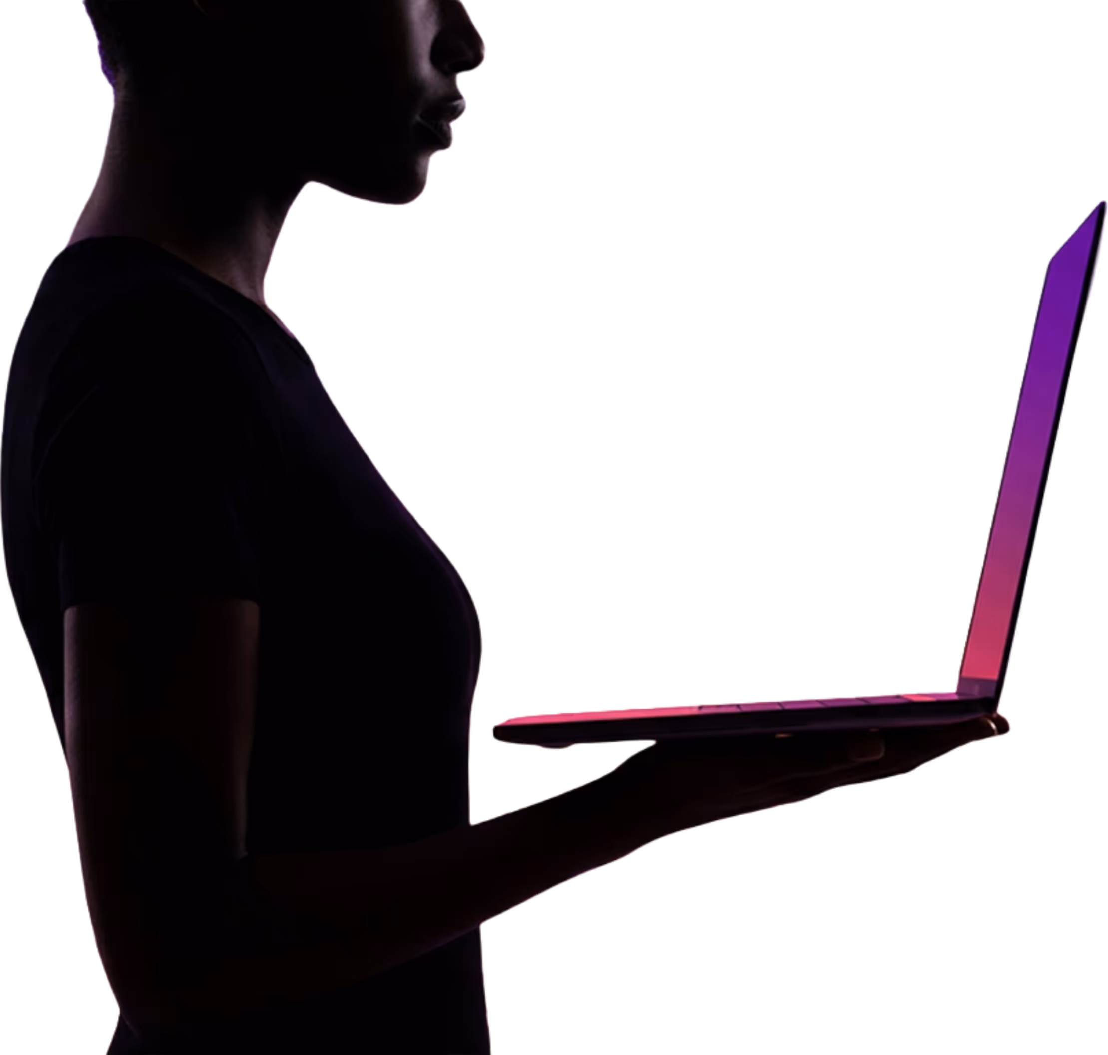 Silhouette of a person holding an open laptop glowing with purple and pink light on a black background.
