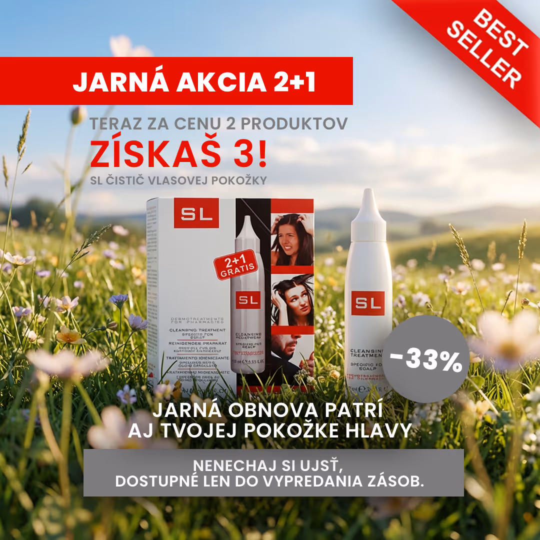 SL hair scalp cleansing product with a spring 2+1 promotion offering three for the price of two and a 33% discount, set in a flower field background.