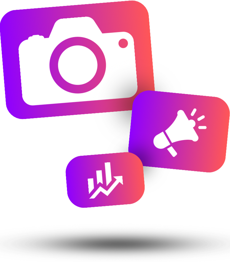Three floating purple and pink gradient icons showing a camera, a megaphone, and a rising bar chart.
