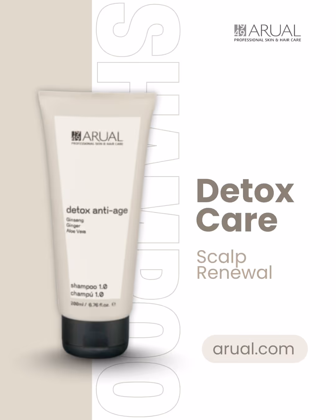 Tube of Arual Detox Anti-Age shampoo with ginseng, ginger, and aloe vera for scalp renewal.