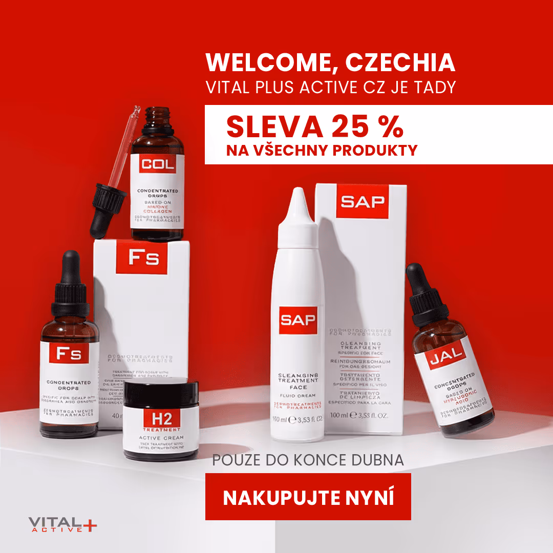 Vital Plus Active skincare products on white surface with red background, offering 25% discount on all products in Czechia.