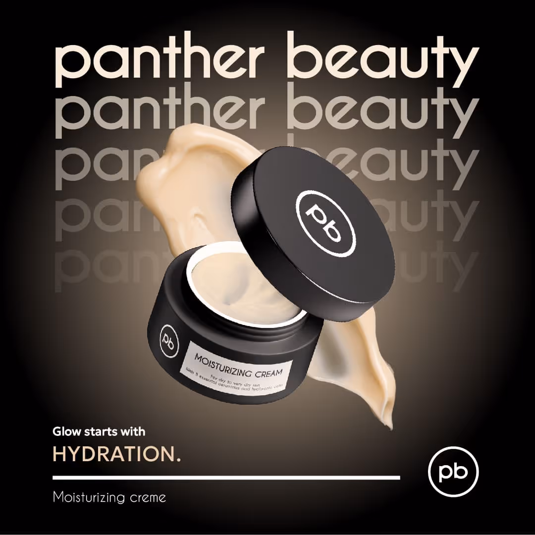 Open jar of Panther Beauty moisturizing cream with cream smear on brown background and text emphasizing hydration.