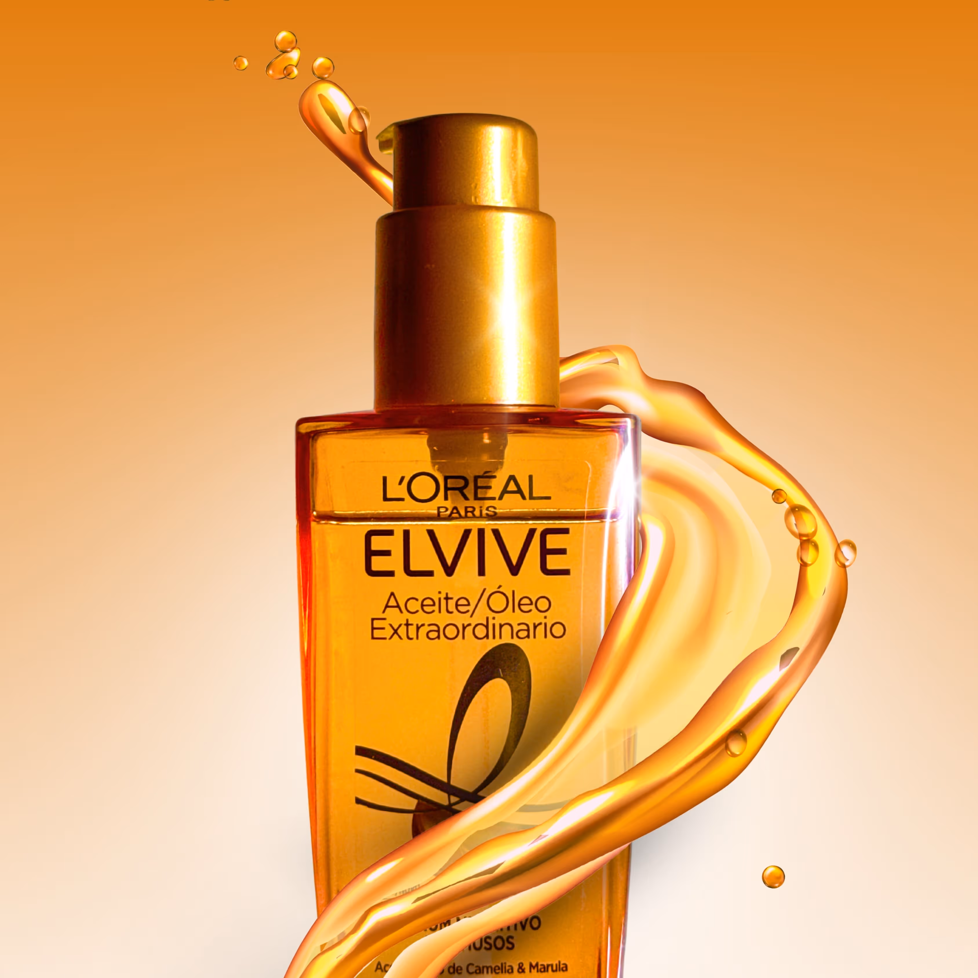 L'Oréal Paris Elvive Extraordinary Oil hair treatment bottle with golden oil swirls around it.