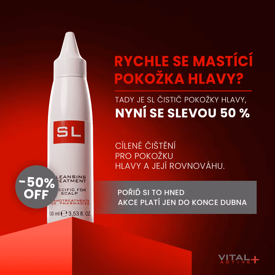 Bottle of SL Cleansing Treatment for scalp with 50% off promotion and text in Czech about fast itchy scalp relief and limited time offer until the end of April.