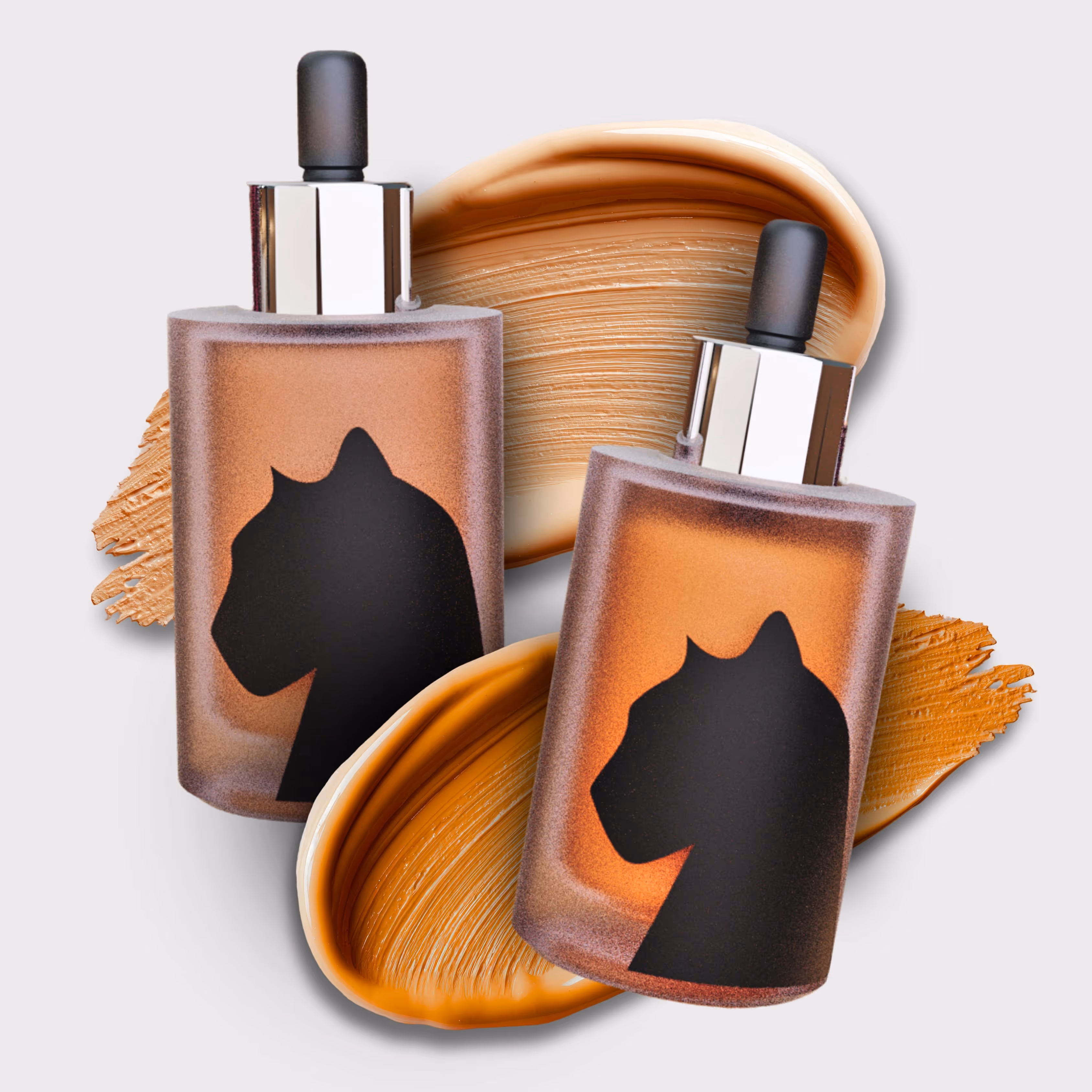 Two cosmetic dropper bottles with black panther silhouettes on orange gradient backgrounds, placed over creamy foundation swatches in tan and brown shades.