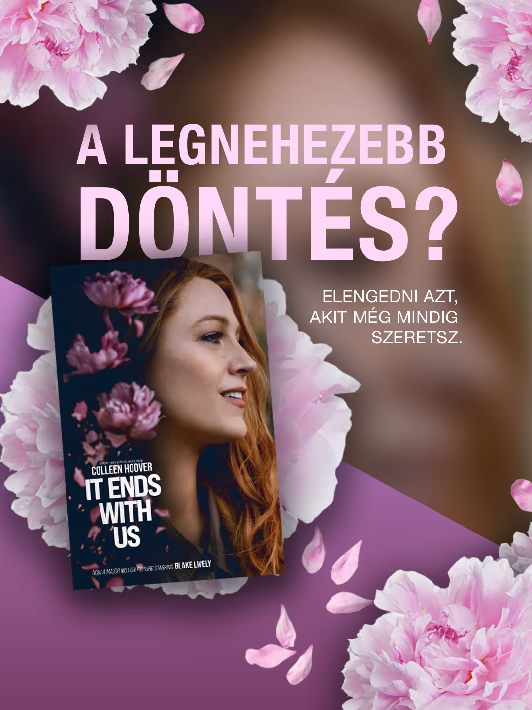 Book cover 'It Ends With Us' by Colleen Hoover with a woman's profile, surrounded by pink flowers.