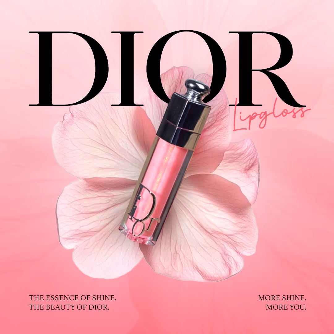 Pink Dior lip gloss tube on a large pink flower with a pink background and black text.