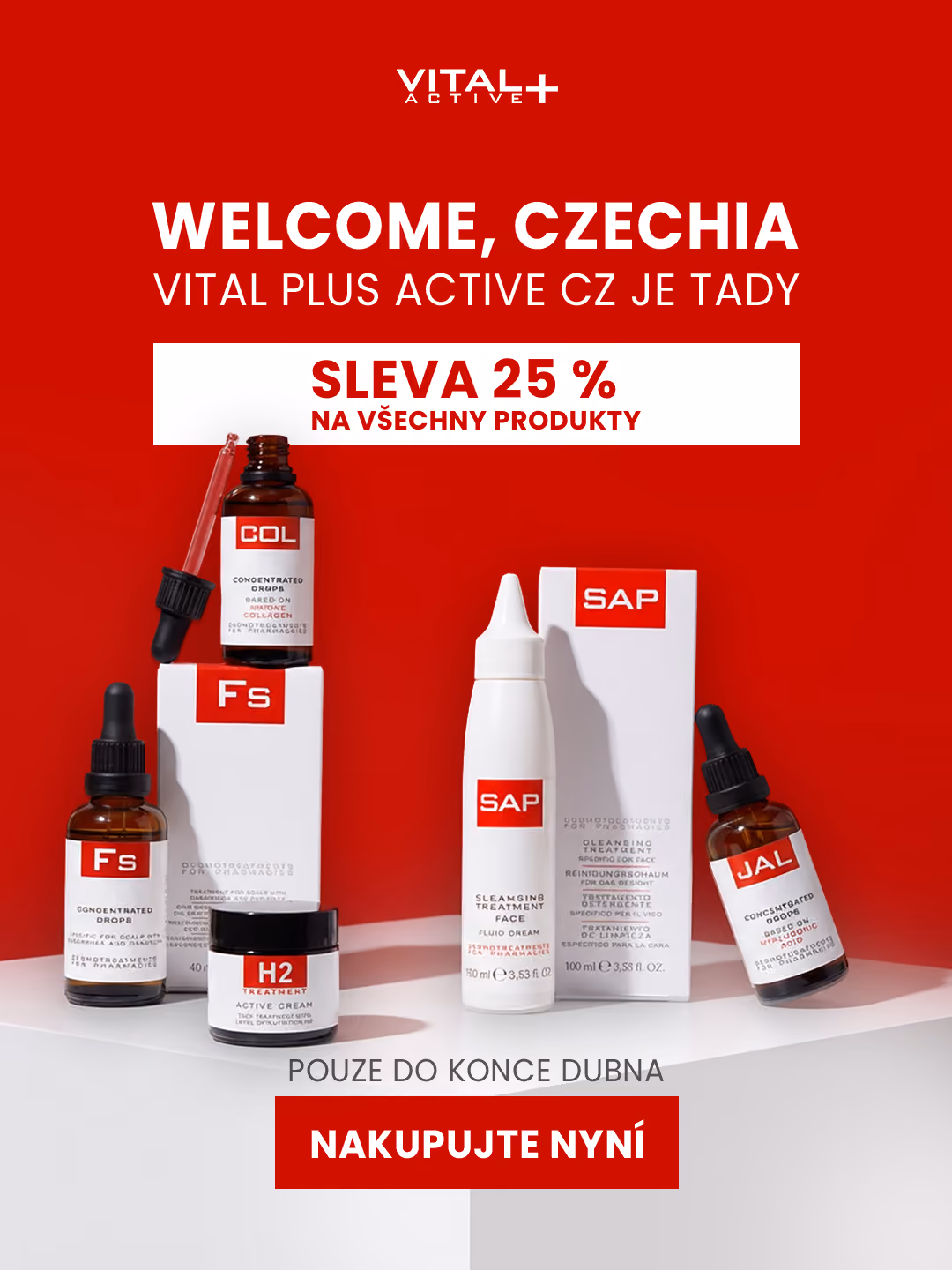 Vital Plus Active skincare products with 25% discount offer for Czechia, shop now promo on red background.