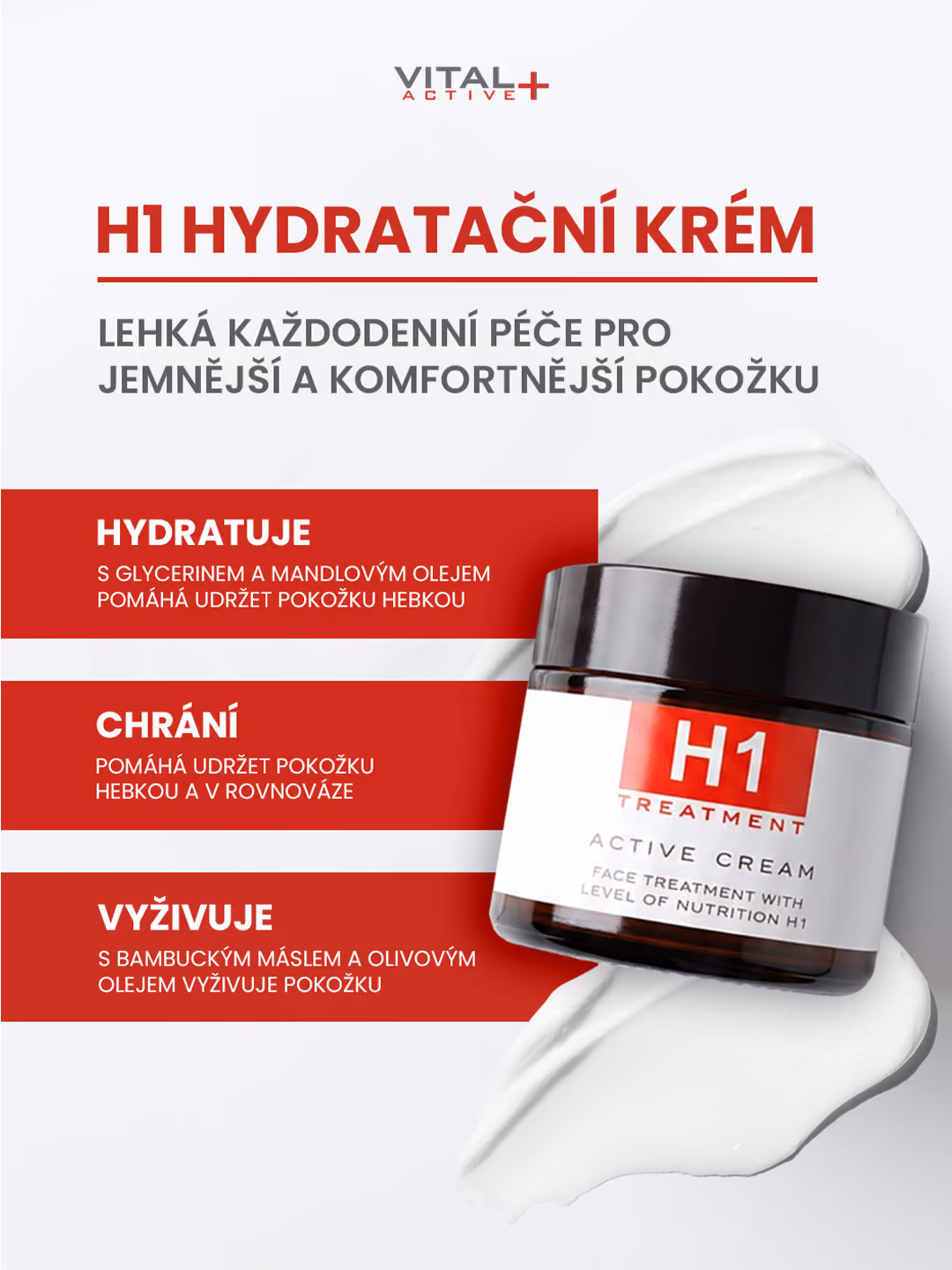 Jar of H1 Active Cream on skincare cream smear promoting hydration, protection, and nourishment benefits.