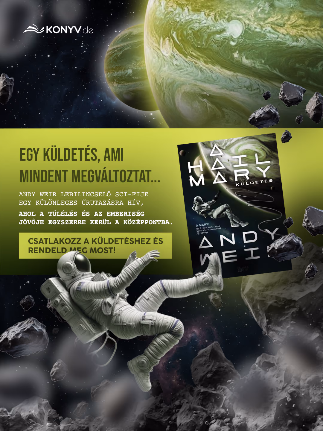 Astronaut floating in space among asteroids with book cover of Andy Weir's sci-fi 'Hail Mary Mission'.